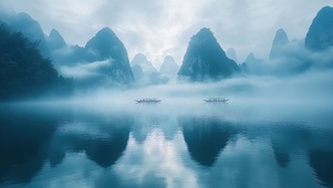 迷雾江面木筏