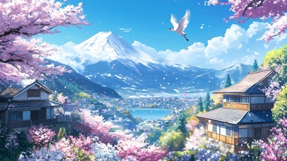 梦幻治愈海边雪山木屋樱花风景