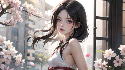 唯美门前樱花少女