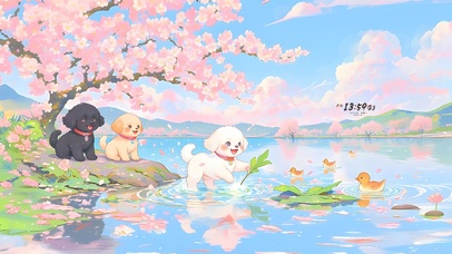 春天湖边戏水的狗狗