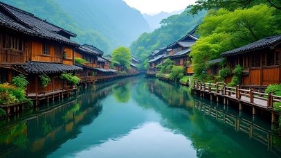 护眼绿色古镇山水