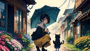 雨中的女孩和可爱的猫咪