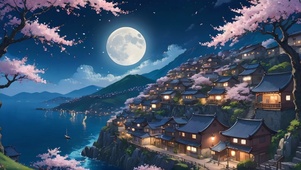 夜晚海边樱花小镇
