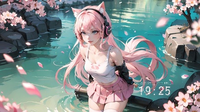 湖畔粉发猫耳少女