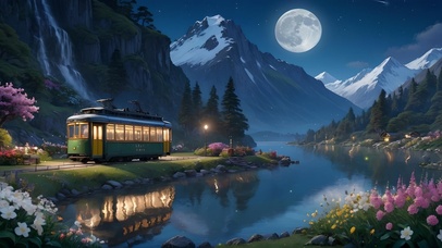 雪山下的湖边电车