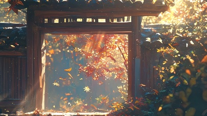 秋季阳光下的古朴木门