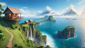 海边悬崖瀑布小屋