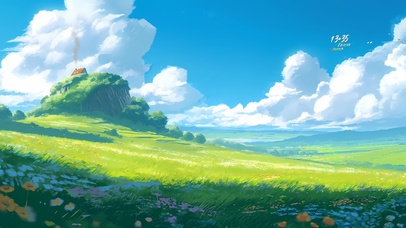 蓝天白云草地小屋