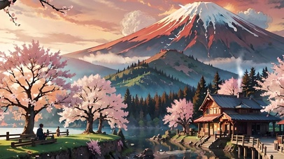 傍晚雪山下的樱花小屋