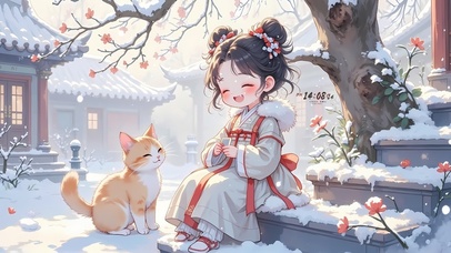 雪天石阶上女孩猫咪