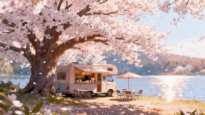 樱花树下房车咖啡店