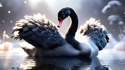 冬天大雪纷飞黑天鹅湖里游泳风景