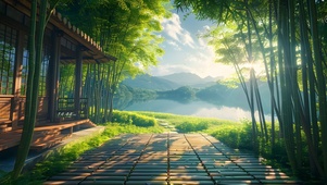 阳光竹林湖泊