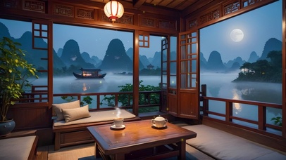 夜晚窗外的古风山水