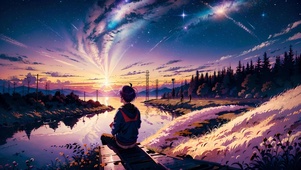 日落时分仰望星空的男孩