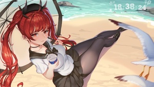 红发黑丝JK美少女 海边沙滩