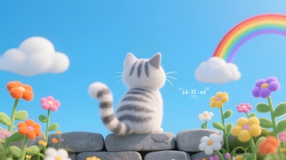 墙头上看彩虹的猫咪