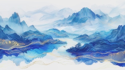 4K中国风蓝金山水