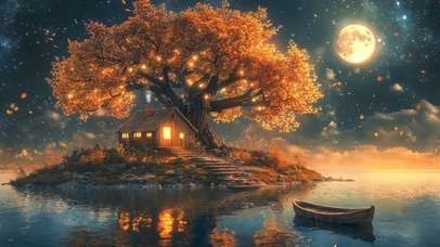 秋日夜晚岛上小屋