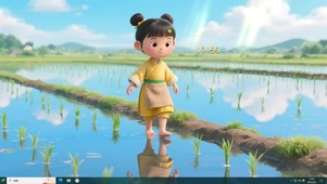 稻田间嬉戏小女孩