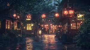 静谧雨夜小城风景