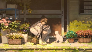 4K清纯可爱夏日少女和猫