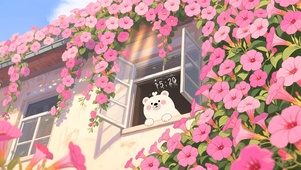 凌霄花窗台小熊