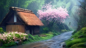 雨天樱花茅草屋
