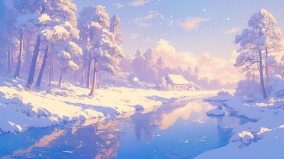 冬季松林河畔小屋