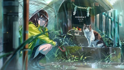 4K 治愈雨天女孩和猫