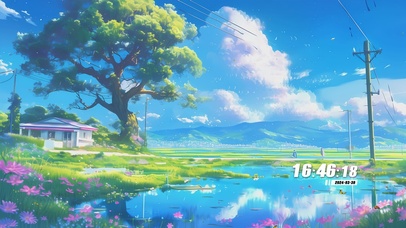 护眼蓝天白云河流景色