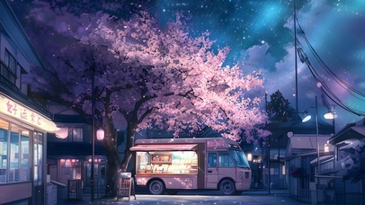 极光星河！樱花树下的快餐车~