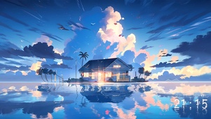 傍晚海上小屋