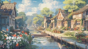 护眼蓝天白云房屋溪流景色