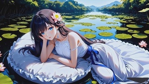 碧绿荷花连衣裙卡通少女4k