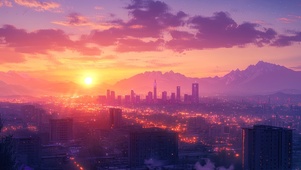 远眺紫色唯美晚霞城市