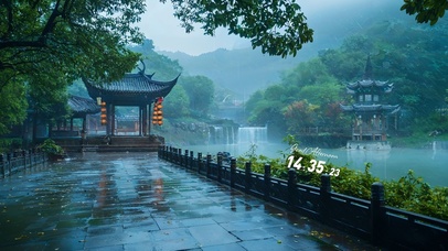 雨中亭台湖畔
