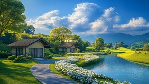 护眼户外湖边房屋