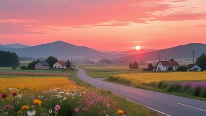 夕阳落日下的小乡村