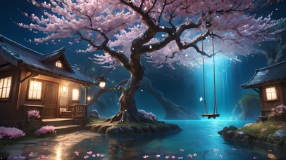 夜晚樱花树下秋千小屋