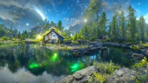 夜晚森林湖畔小屋