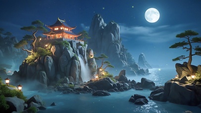 夜晚海上古风建筑