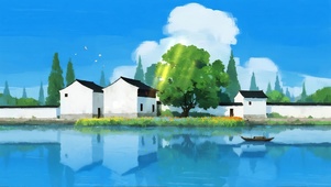 蓝天水乡古镇河畔