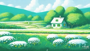 蒲公英地和兔小屋（护眼油画）