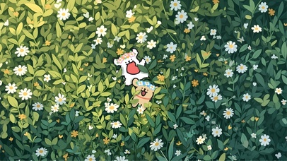 可爱的线条小狗躺在绿色草地上