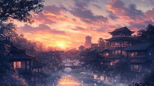 傍晚的古镇与河水