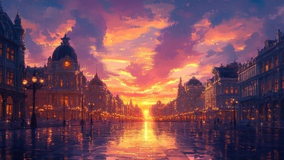 绝美晚霞法式街景