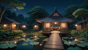 夜晚通往小屋的木栈道