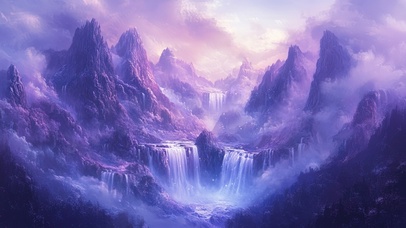 紫色深山云雾瀑布