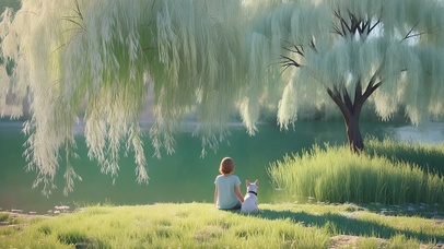 河畔树下乘凉的女孩和小狗